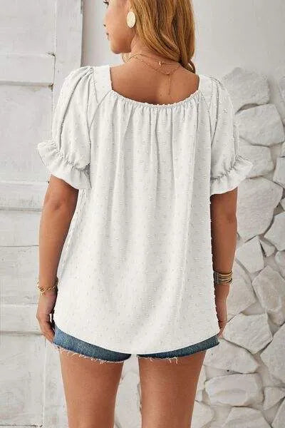 Swiss Dot Smocked Square Neck Short Sleeve T-Shirt Women's T-Shirts - Tophatter Daily Deals